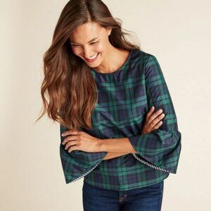 Vineyard Vines Blackwatch Plaid Bell Sleeve Silk Blend Blouse